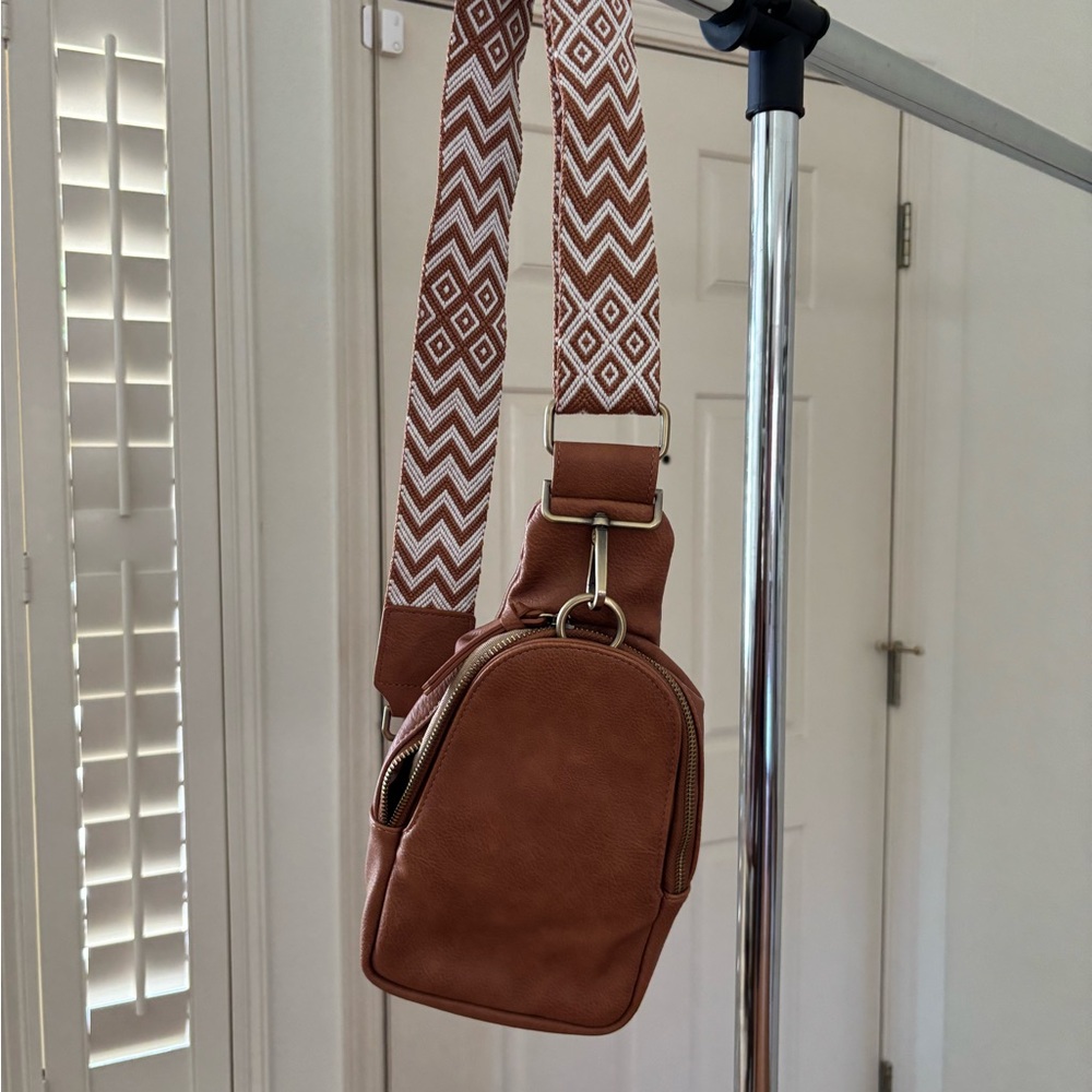 Anthropologie Tan Crossbody Bag with Patterned Strap